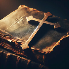 Old book bible with cross closeup dark background with point light on it. ai generative