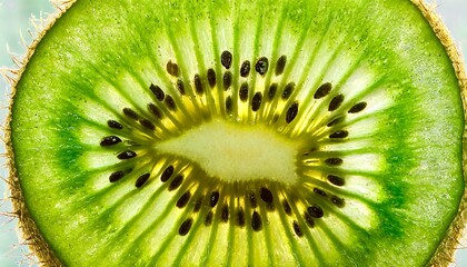 Macro shot of the intricate patterns on a slice of a kiwi