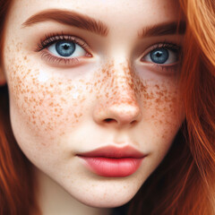 Fototapeta premium This closeup portrait of young woman with red hair, blue eyes and many freckles. ai generative