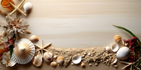 Top view of  sand background and seashells elements or other with summer theme concept
