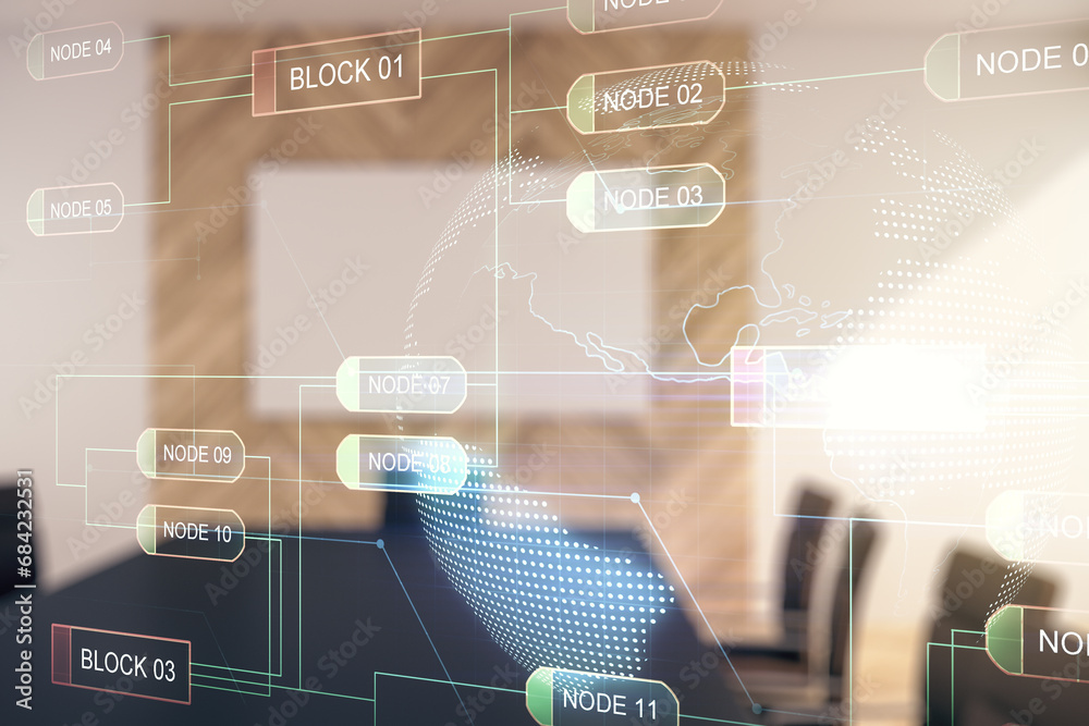 Poster Multi exposure of abstract graphic coding sketch and world map on a modern furnished classroom background, big data and networking concept