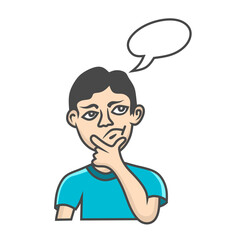 Cartoon style graphic vector illustration of a man in a thoughtful pose with empty speech bubble elements, expressing the concepts of thinking, ideas, problem solving and introspection.