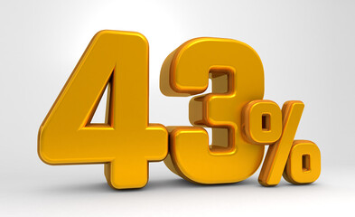 Golden 43% 3d isolated on white background. 43% off 3D. 43% mega sale or forty three percent bonus. Sale of special offers. 3d rendering.	