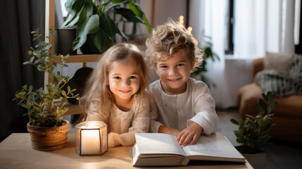 little boy and girl reading a book, smart children, child, kid, student, son, daughter, siblings, brother, sister, cozy home, table, room, evening, fairy tale, study, learning, family, children's room