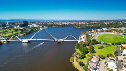 Aerial view of Matagarup Bridge and Swan River in Perth