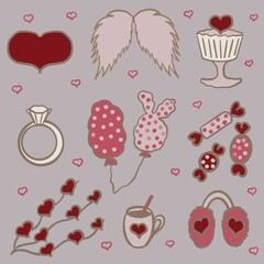 wings, heart, cupcake with heart, ring, bunny balloons, candy, garland with heart, cup with heart and cocoa, fluffy fur headphones, love, Valentine's day, birthday, holiday, party