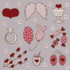 wings, heart, cupcake with heart, ring, bunny balloons, candy, garland with heart, cup with heart and cocoa, fluffy fur headphones, love, Valentine's day, birthday, holiday, party