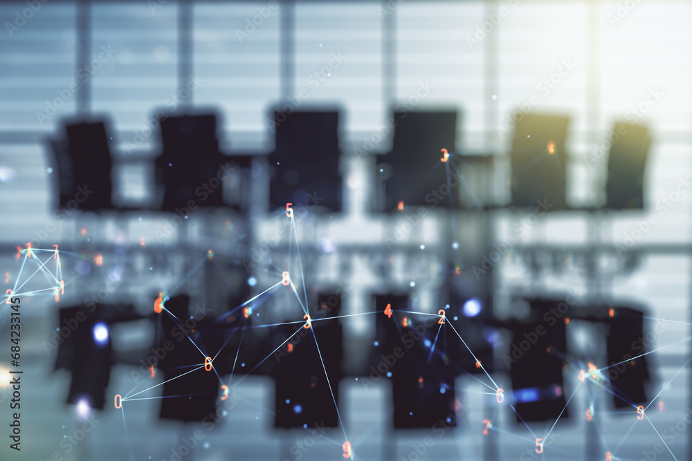 Poster double exposure of abstract virtual technology hologram on a modern meeting room background. researc