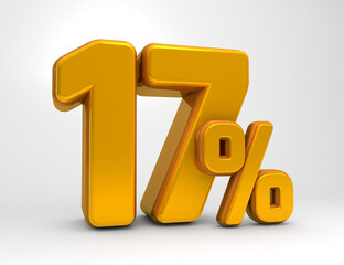 Golden 17% 3d isolated on white background. 17% off 3D. 17% mega sale or seventeen percent bonus. Sale of special offers. 3d rendering.	