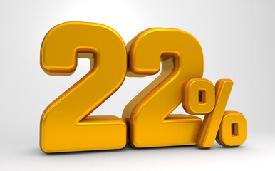 Golden 22% 3d isolated on white background. 22% off 3D. 22% mega sale or  twenty two percent bonus. Sale of special offers. 3d rendering.	