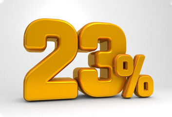 Golden 23% 3d isolated on white background. 23% off 3D. 23% mega sale or  twenty three percent bonus. Sale of special offers. 3d rendering.	