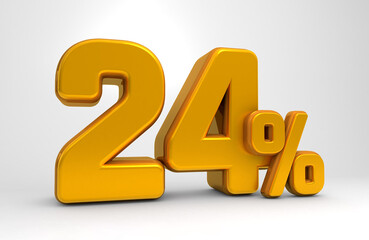 Golden 24% 3d isolated on white background. 24% off 3D. 24% mega sale or  twenty four percent bonus. Sale of special offers. 3d rendering.	