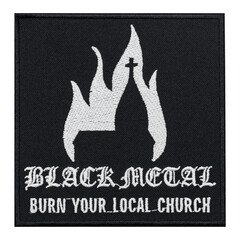 Black Metal Burn Your Local Church embroidered patch. Baphomet Satan Devil 666. Accessory for rockers, metalheads, punks, goths.
