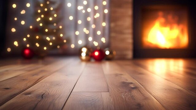 empty wooden floor in the foreground, christmas tree and fireplace in the background, 4k seamless loop