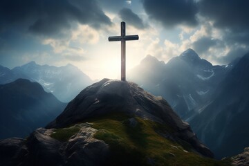 Wooden cross on the top of the mountain with clouds on the background
