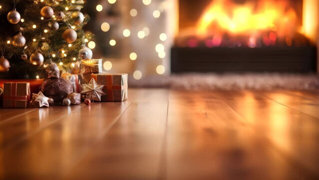 empty wooden floor in the foreground, christmas tree and fireplace in the background, 4k seamless loop