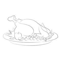 Hand drawn vector illustration grilled turkey on plate Thanksgiving traditional coloring page template