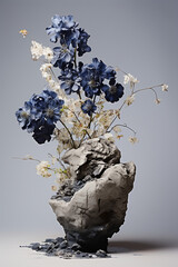 an odd looking piece of rock sitting in a room, in the style of nature-inspired forms, dark silver and navy, , made of flowers, white background created with Generative Ai