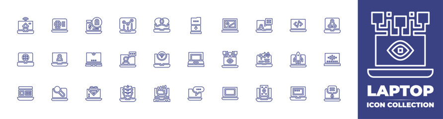 Laptop line icon collection. Editable stroke. Vector illustration. Containing coding, startup, laptop, analytics, consulting, growth, online course, marketing online, online casino, conversation, wifi
