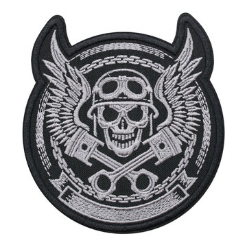 Embroidered patch Skull of a biker in helmet and with wings. Engine pistons Ride. Accessory for rockers, metalheads, punks, goths.