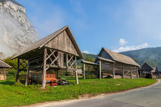 Bohinjska, Slovenia. 10-01-2023. Old  hay dryer called Kozolec in Slovenia