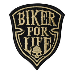 Embroidered patch biker fot life. Skull. Accessory for bikers, rockers.