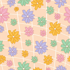 Hand drawn seamless pattern with flowers in candy colors and grid on background. 
