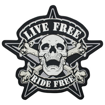 Embroidered patch live free, ride free. Skull. Accessory for bikers, rockers.