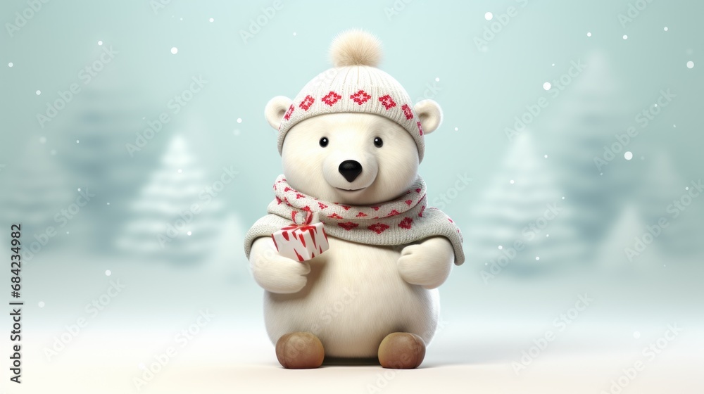 Poster A bear wearing a knitted hat and scarf