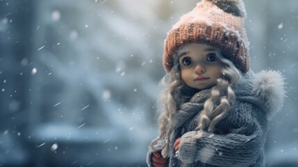 A doll wearing a hat and scarf in the snow