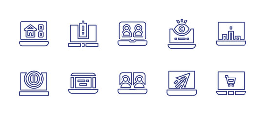 Laptop line icon set. Editable stroke. Vector illustration. Containing laptop, chat, virtual event, spy, content, computer, online shopping, house rental.