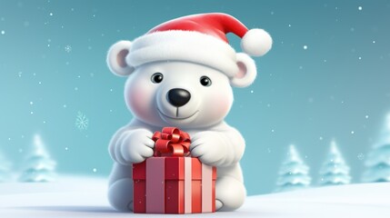 A polar bear holding a christmas present in the snow