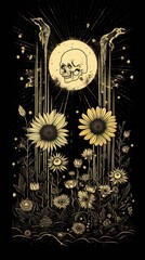A drawing of a skull and sunflowers on a black background