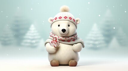 A bear wearing a knitted hat and scarf