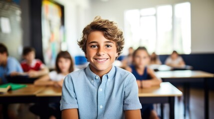 Fototapeta premium A boy in a blue shirt sitting in a classroom