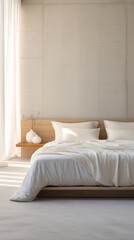 A bed with white sheets and pillows in a room