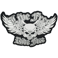 Fototapeta premium Embroidered patch Skull of a biker in helmet and with wings. Engine pistons Ride. Accessory for rockers, metalheads, punks, goths.