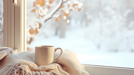 Cozy warm winter composition with a cup of hot coffee, a blanket and a snowy landscape outside the window on a sunny day - obrazy, fototapety, plakaty