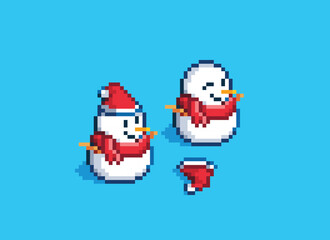 Two snowman wearing Santa hats and Christmas scarves Set on a blue floor, pixel art style, vector illustration isolated on blue background.