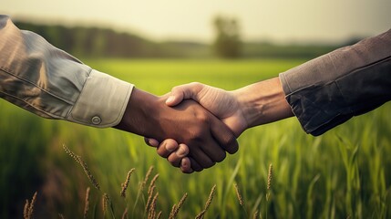 closeup men's handshaking with hydroponic farm background