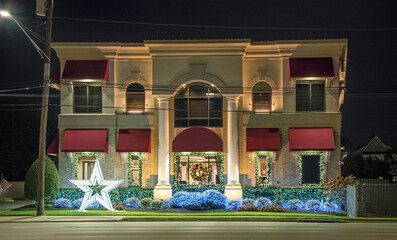 Stately Building with Christmas Decorations and Lights