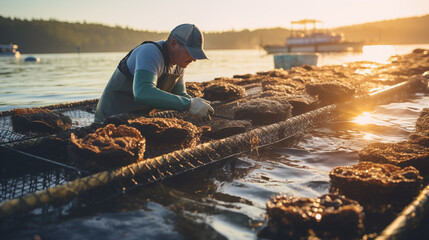worker in oyster farm collecting cages with oysters . oyster aquaculture concept.