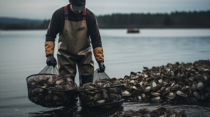 worker in oyster farm collecting cages with oysters . oyster aquaculture concept. - obrazy, fototapety, plakaty