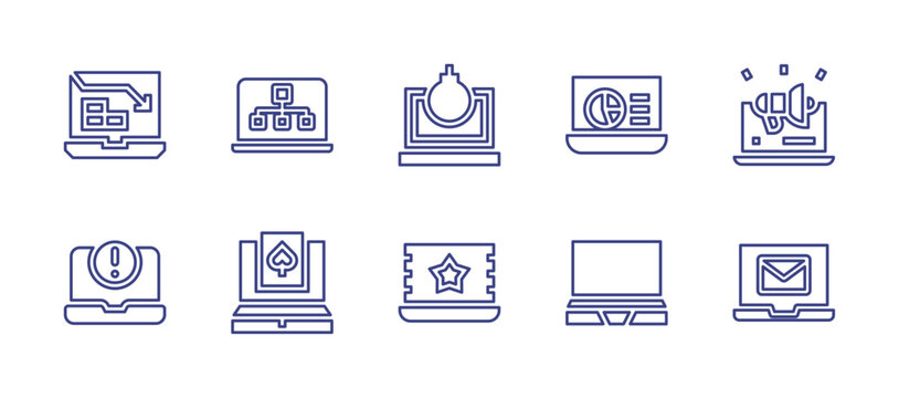 Laptop line icon set. Editable stroke. Vector illustration. Containing laptop, promotional, mail, bomb, movie.