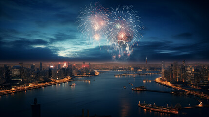 Fototapeta na wymiar Fireworks over the lake