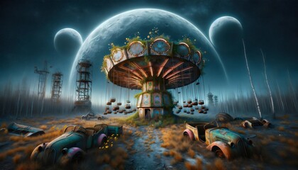 Abandoned Carousel in Alien Landscape - Illustration suitable for destkop wallpaper - obrazy, fototapety, plakaty