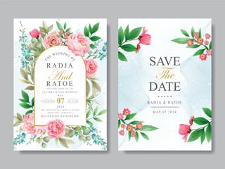 elegant wedding invitation card with flowers and leaves watercolor