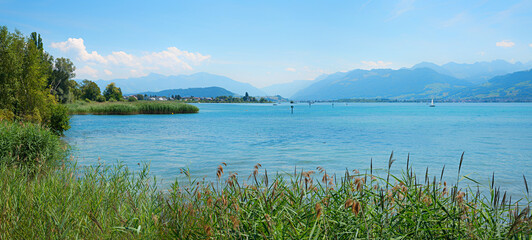 beautiful lake Obersee, canton St Gallen, swiss alps. panorama landscape