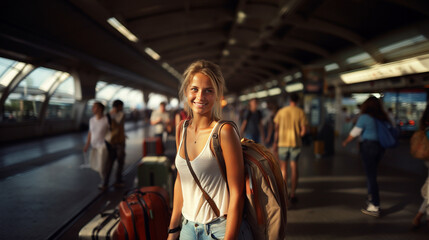 Fototapeta premium young adult woman, caucasian, travel and trip and vacations, luggage and backpack, train or bus station, everyday life or backpacker, journey, happy smiling, 20s, fictional location