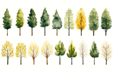 木々が並ぶ　水彩画イラストセット